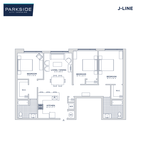 Floor plan for 3 beds, 2 baths, 1251 sqft